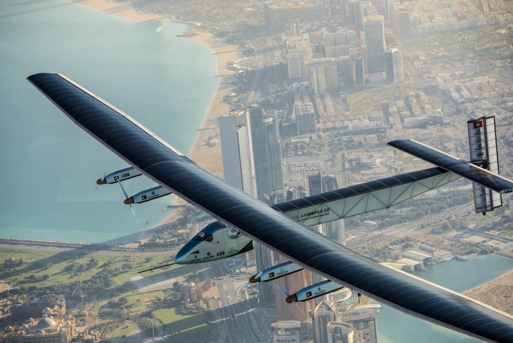 Abu Dhabi, UAE, March 1rst 2015: Solar Impulse 2, the only solar single-seater airplane able to fly day and night without a drop of fuel, is flying over Abu Dhabi (UAE) undertaking preparation flights for the first ever Round-The-World Solar Flight which will be attempted starting early March from Abu Dhabi. Swiss founders and pilots, Bertrand Piccard and AndrÈ Borschberg, hope to demonstrate how pioneering spirit, innovation and clean technologies can change the world. The duo will take turns flying Solar Impulse 2, changing at each stop and will fly over the Arabian Sea, to India, to Myanmar, to China, across the Pacific Ocean, to the United States, over the Atlantic Ocean to Southern Europe or Northern Africa before finishing the journey by returning to the initial departure point. Landings will be made every few days to switch pilots and organize public events for governments, schools and universities.
